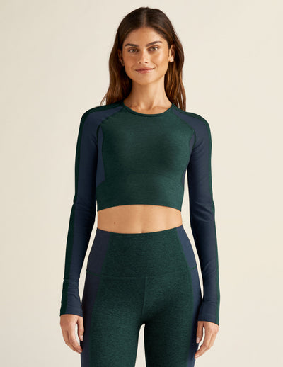 green and blue colorblock cropped pullover. 
