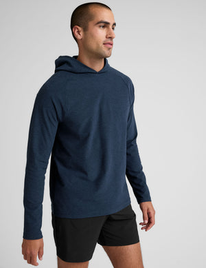 blue men's hooded pullover. 