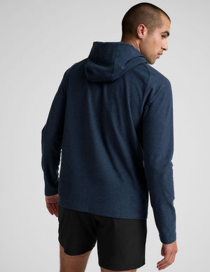 blue men's hooded pullover. 
