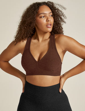 brown v-neck racerback sports bra with removable padding. 