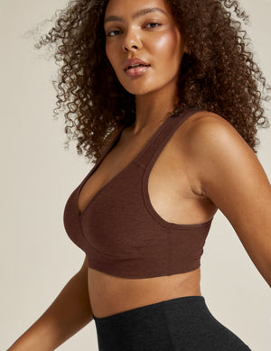 brown v-neck racerback sports bra with removable padding. 