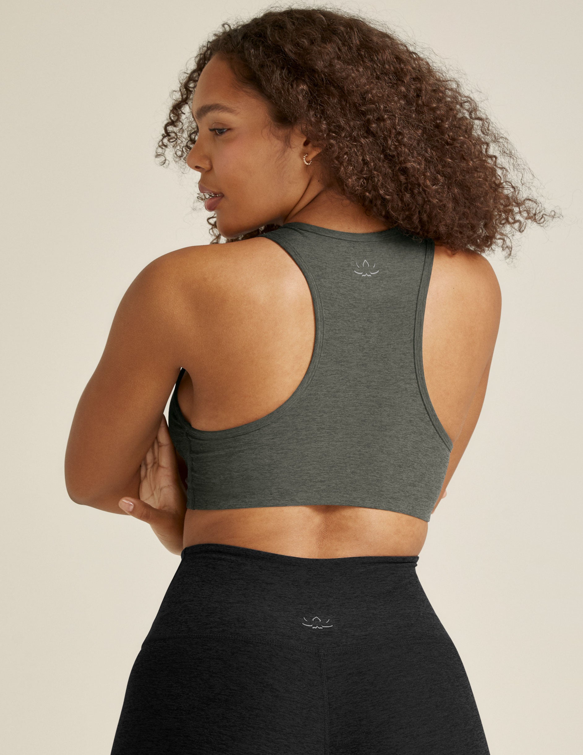 gray women's racerback bra with removeable padding. 