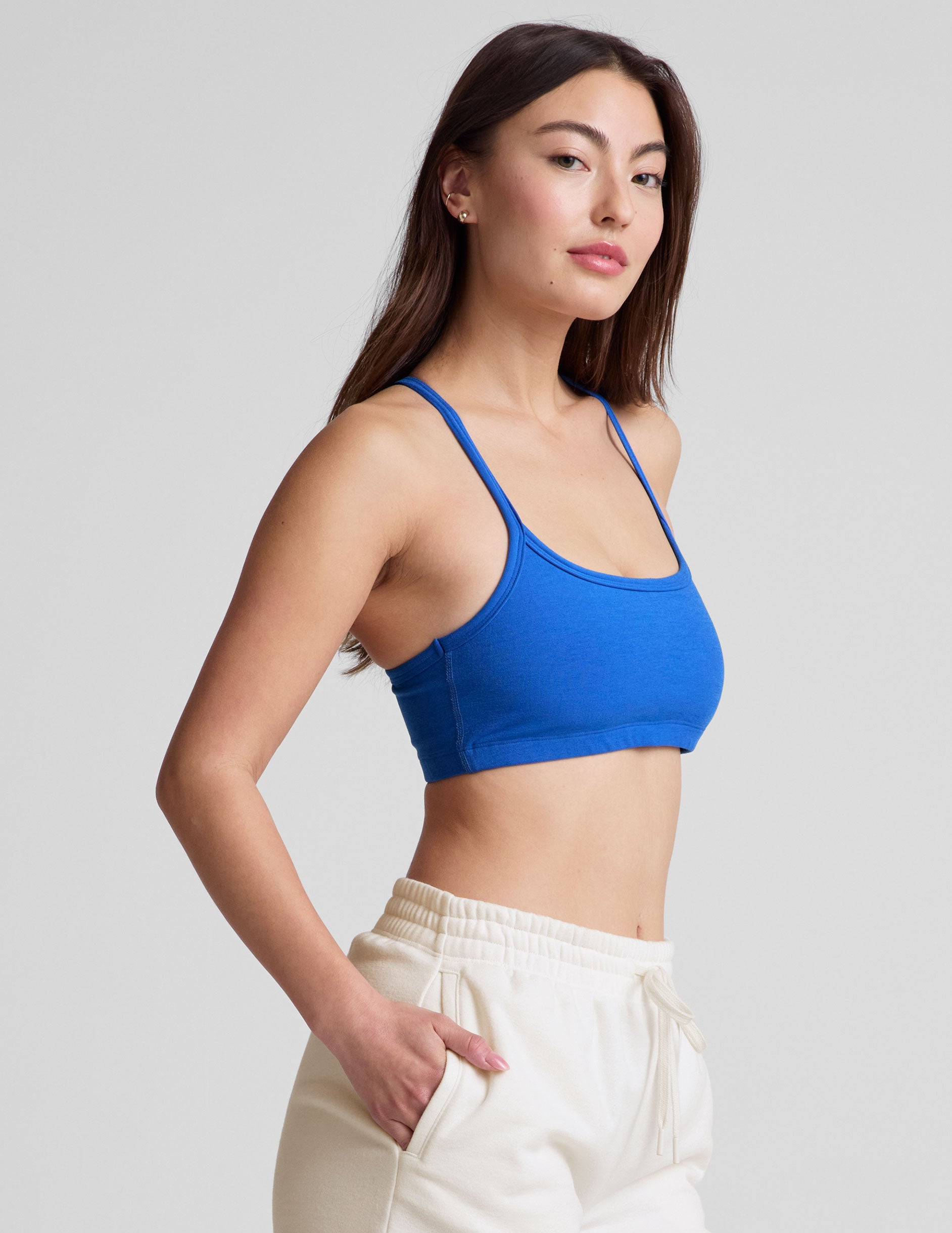 blue racerback bra top with slim spaghetti straps. 