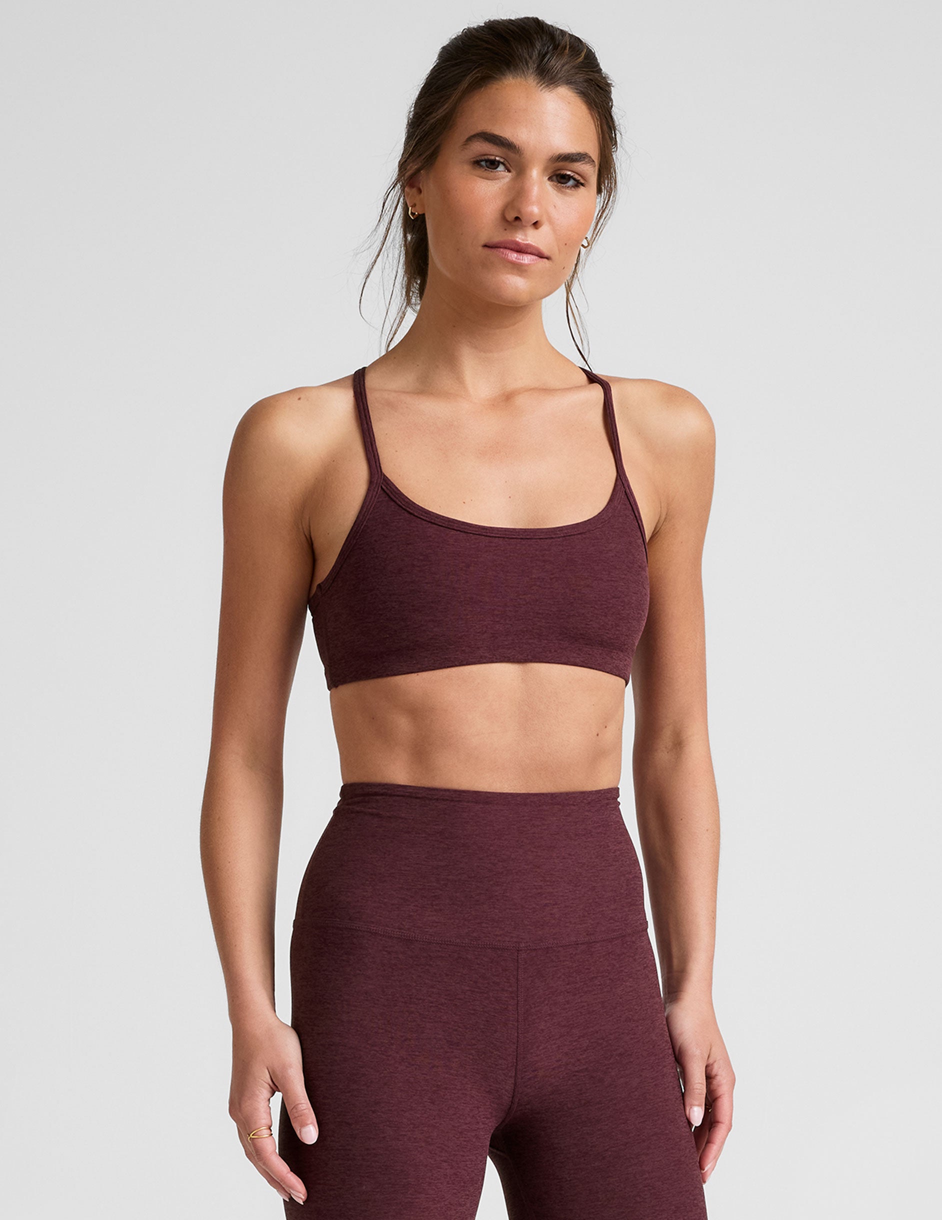 red racerback bra with thin straps. 