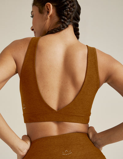 brown bra top with overlapping front panels and a deep v-neck in the back.