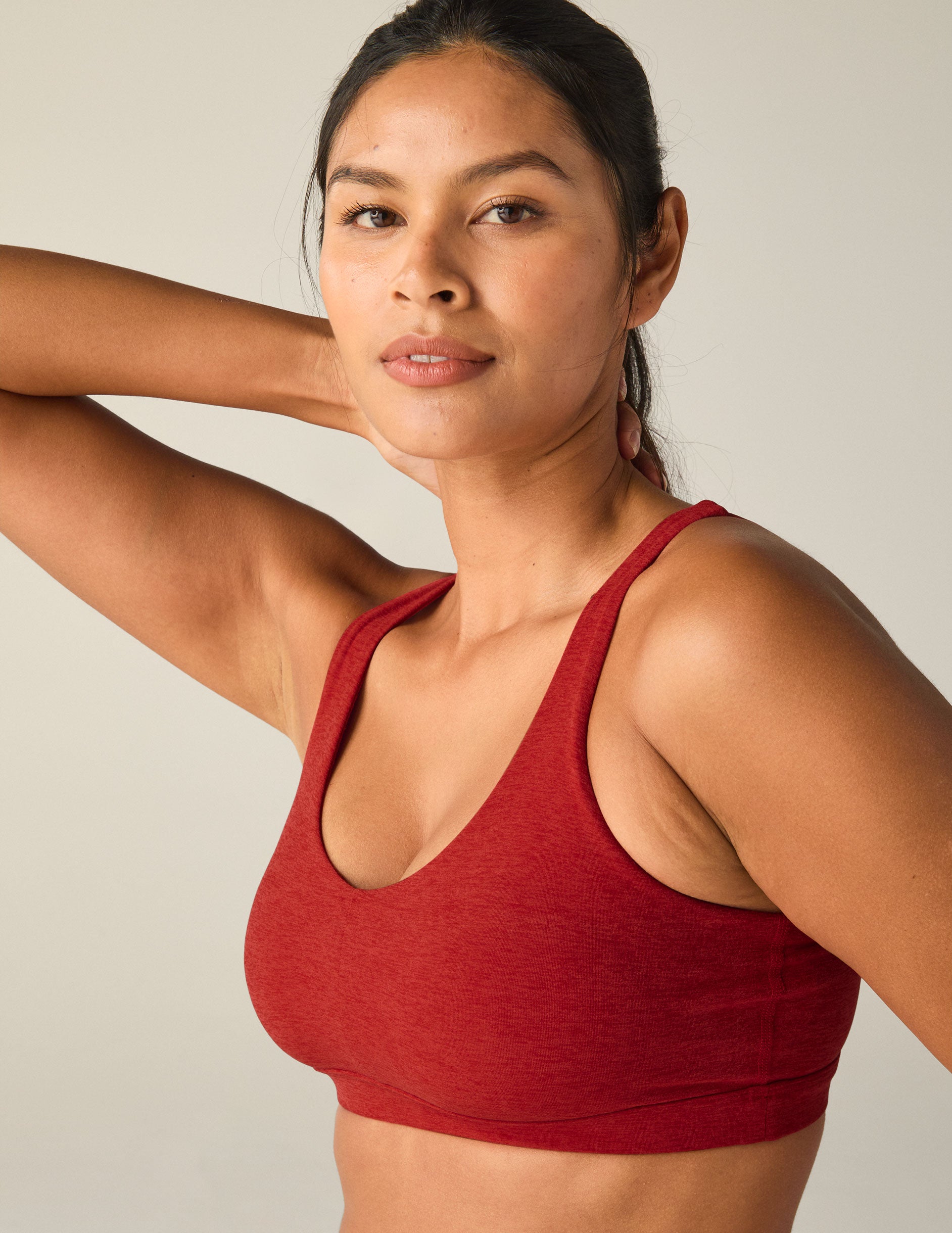 red scoop neck bra top. 