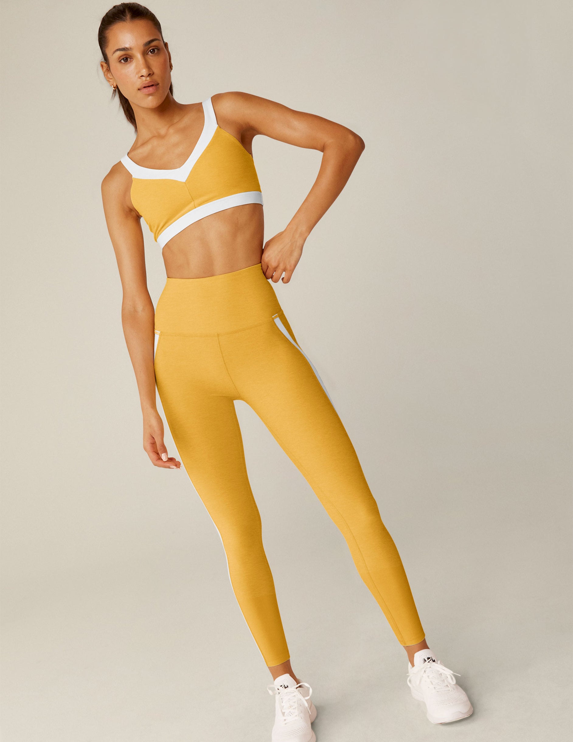 yellow spacedye bra top with white outlining.