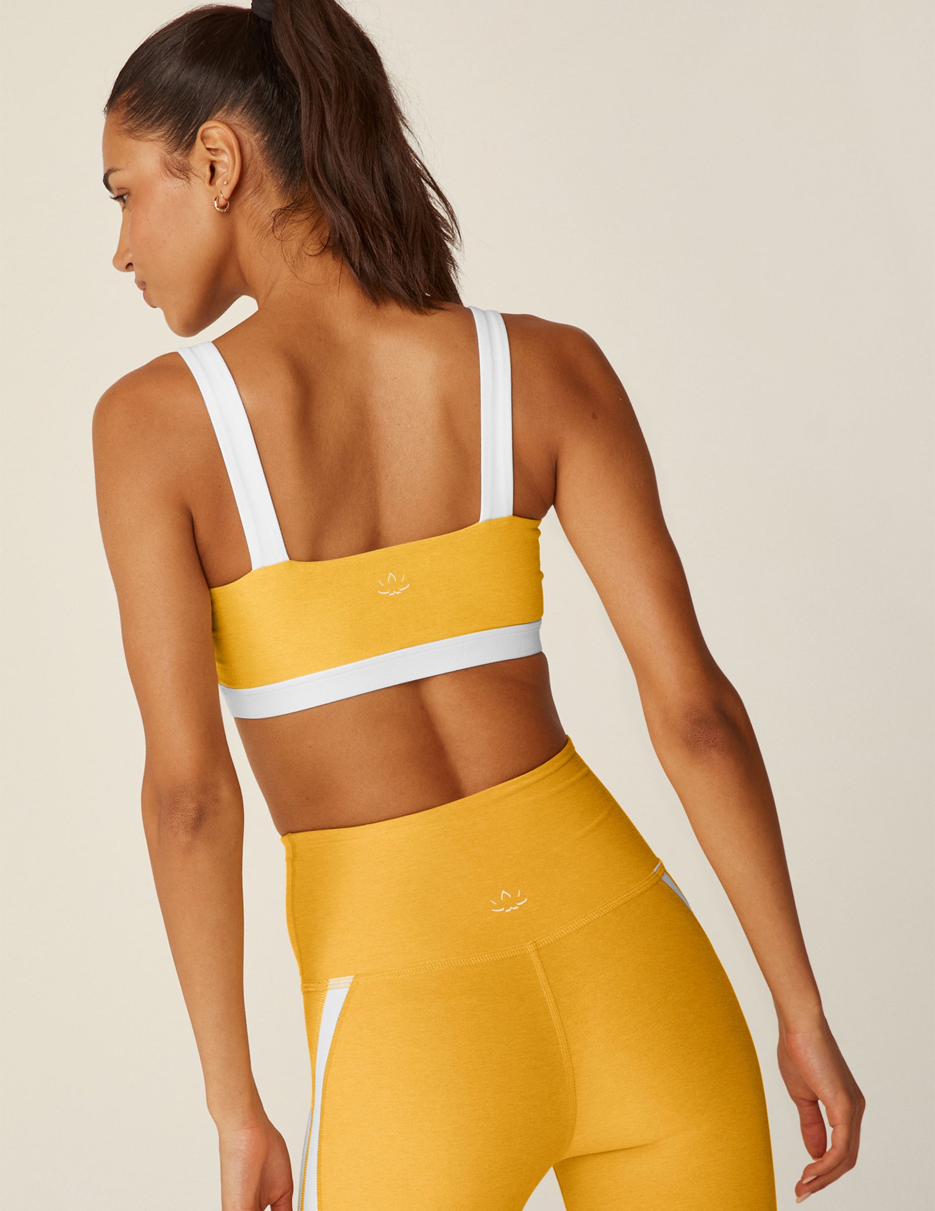 yellow spacedye bra top with white outlining.