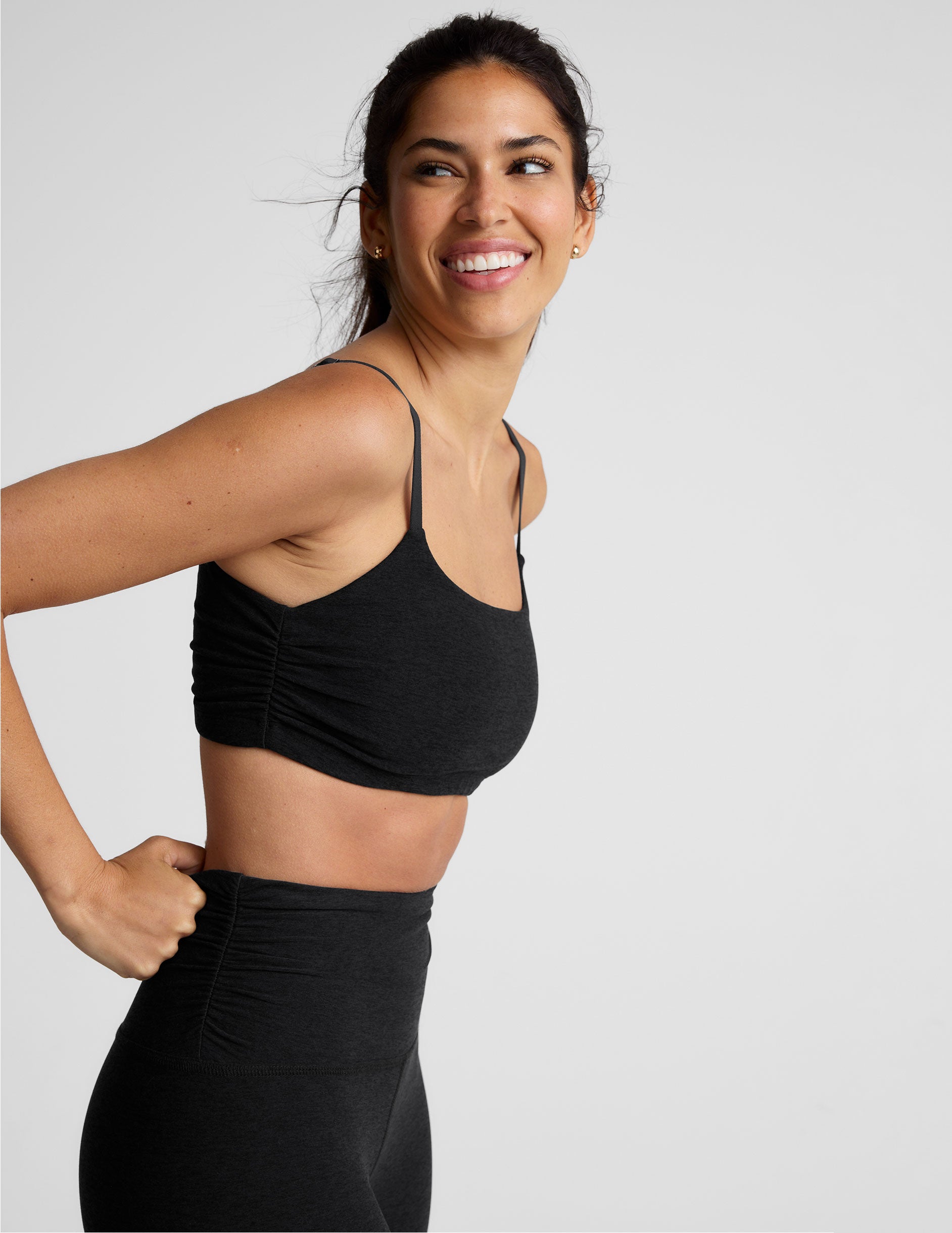 black slim racerback bra with shirred detailing on the sides. 