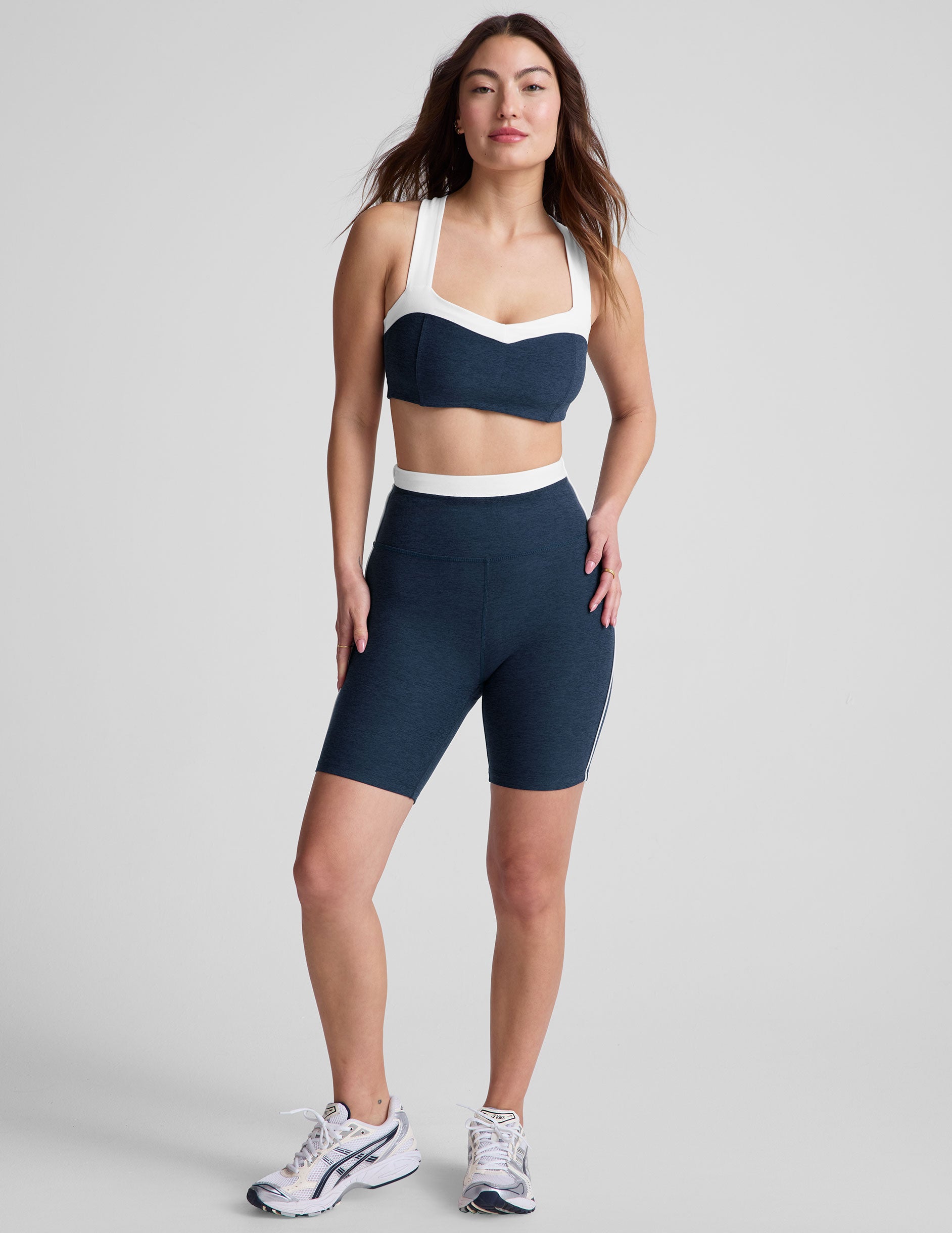 navy blue bra top with a colorblock sweetheart neckline. 