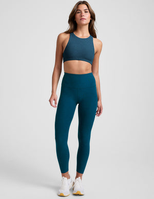 blue high-neck racerback bra. 