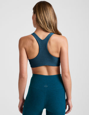 blue high-neck racerback bra. 