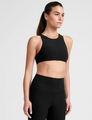 black high-neck racerback bra. 