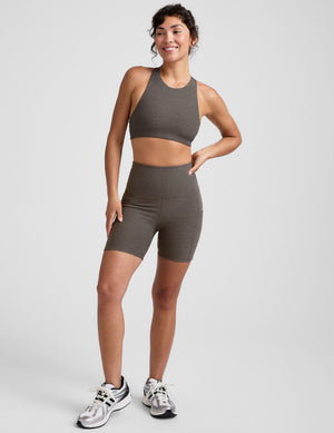 grey high-neck racerback bra. 