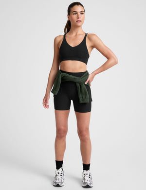 black v-neck bra top with crossover straps. 