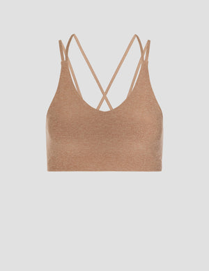brown sports bra with back overlapping straps. 