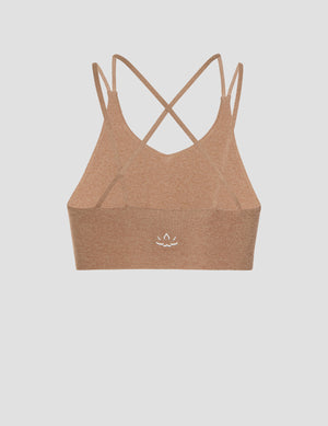 brown sports bra with back overlapping straps. 