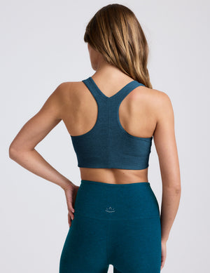blue scoop neck racerback long line bra. 
