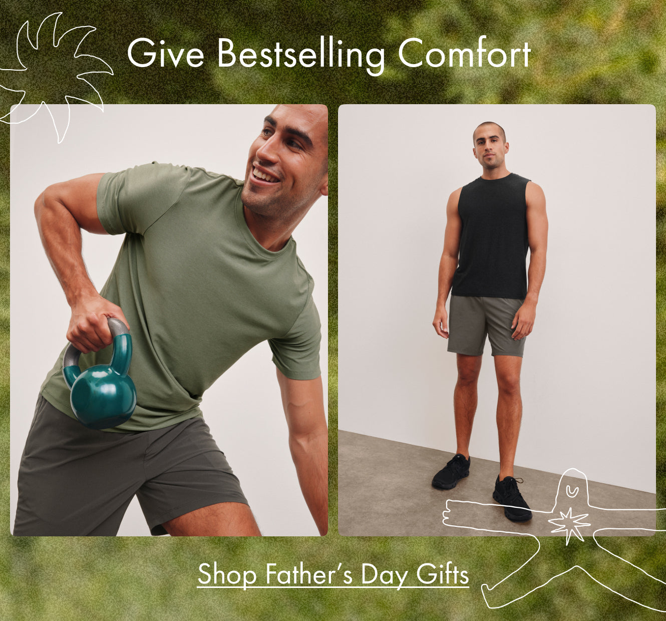 model on left is wearing a green mens t-shirt and grey mens shorts. model on right is wearing a black mens tank and grey mens shorts. 