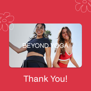 Two women in athletic wear with 'Beyond Yoga' text on a red background with 'Thank You!' message.