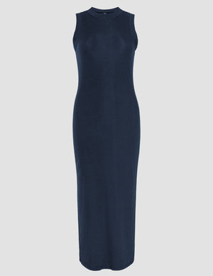 blue midi length ribbed dress with a side slit and mock neckline. 