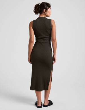 green midi tank dress with side slits and a mock neckline. 