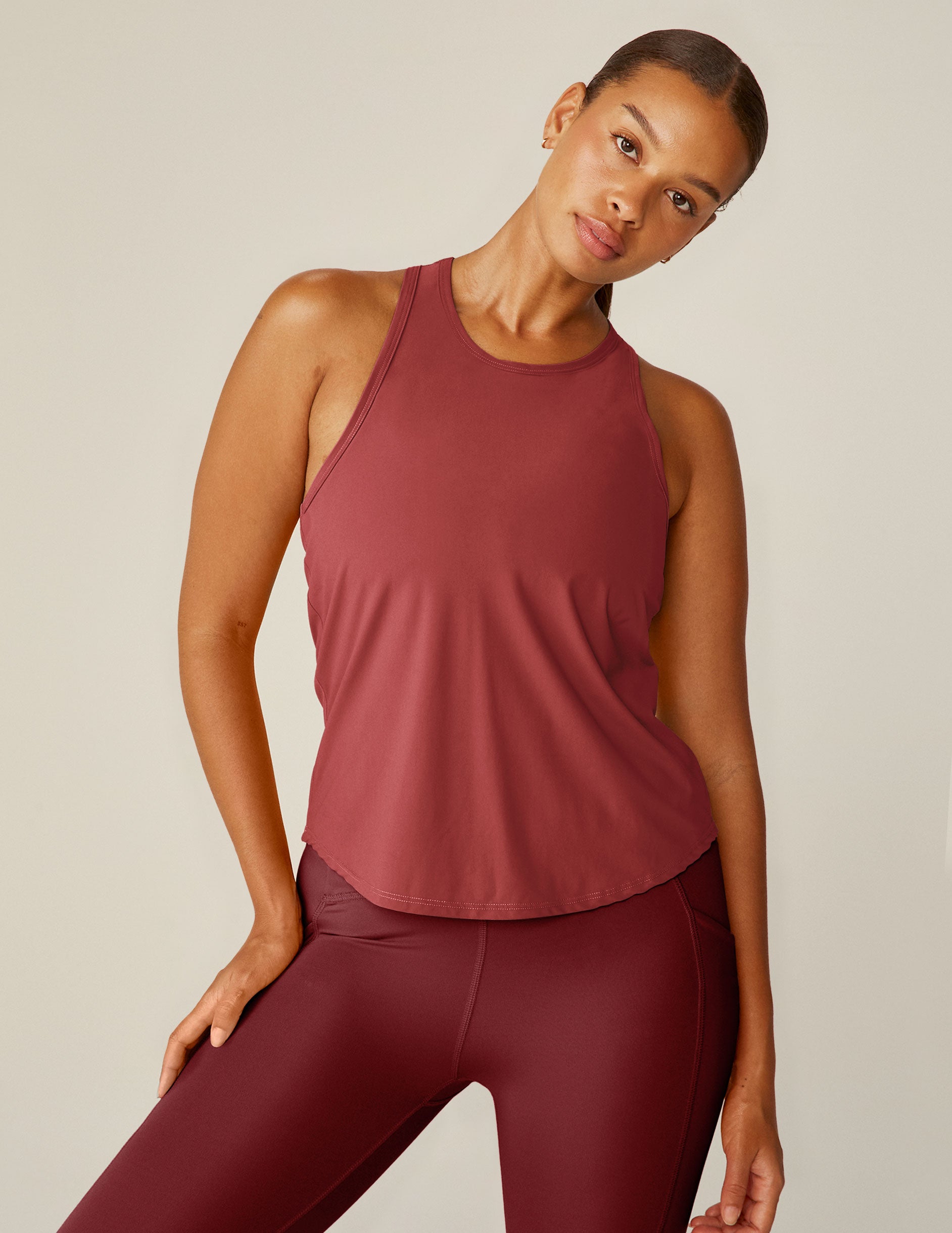 red scoop neck racerback tank top. 