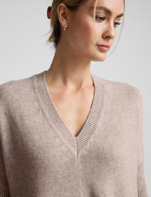 Woman wearing a beige v-neck sweater against a plain background. 