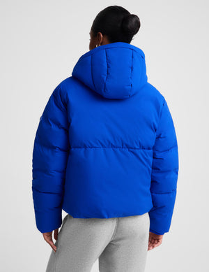 A person shown from the back wearing a bright royal blue hooded puffer jacket and light gray sweatpants against a plain light gray studio background.