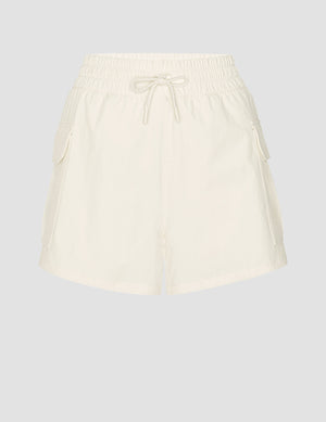 white mid-rise shorts with two side patch cargo pockets and a drawcord at waistband. 