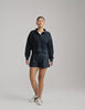 blue 4" inseam shorts with an elastic waistband with belt loops​ and side seam pockets. 