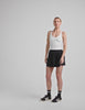 white waist length, V neckline​ tank top with a self shelf bra and criss-cross strap back detail​. 