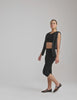 black long line style bra with a front and back v-neck. 