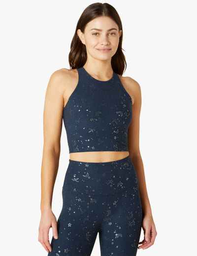 blue constellations print crop top with scoop neckline