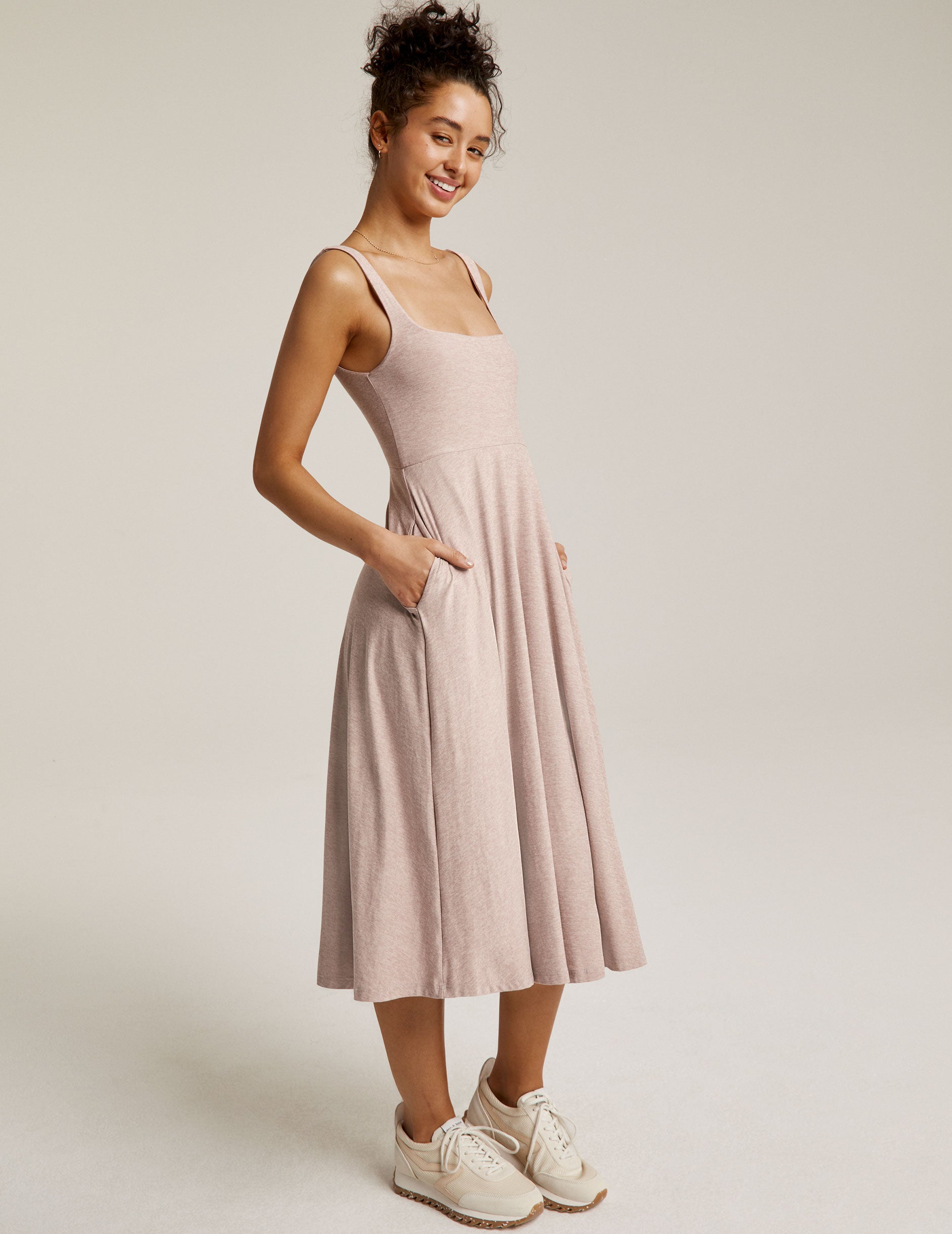 cream sleeveless midi loose fitting dress with square neckline and pockets