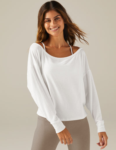 white wide neck long sleeve pullover