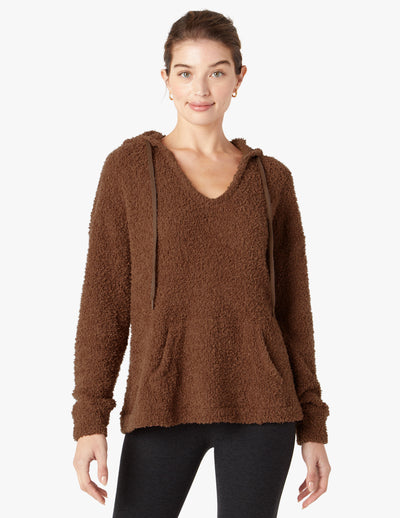 brown v-neck hooded cozy sweater with kangaroo pockets