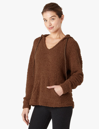 brown v-neck hooded cozy sweater with kangaroo pockets