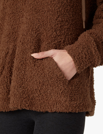 brown v-neck hooded cozy sweater with kangaroo pockets