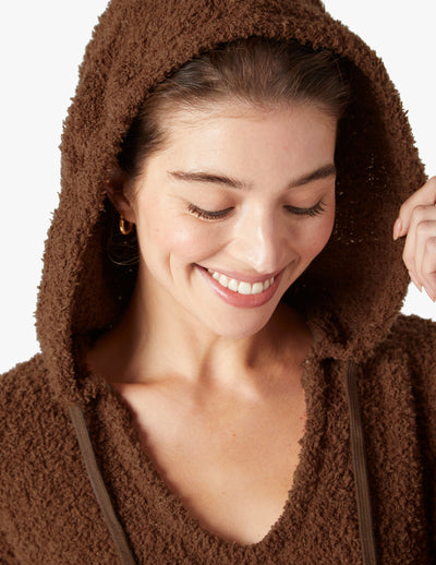 brown v-neck hooded cozy sweater with kangaroo pockets