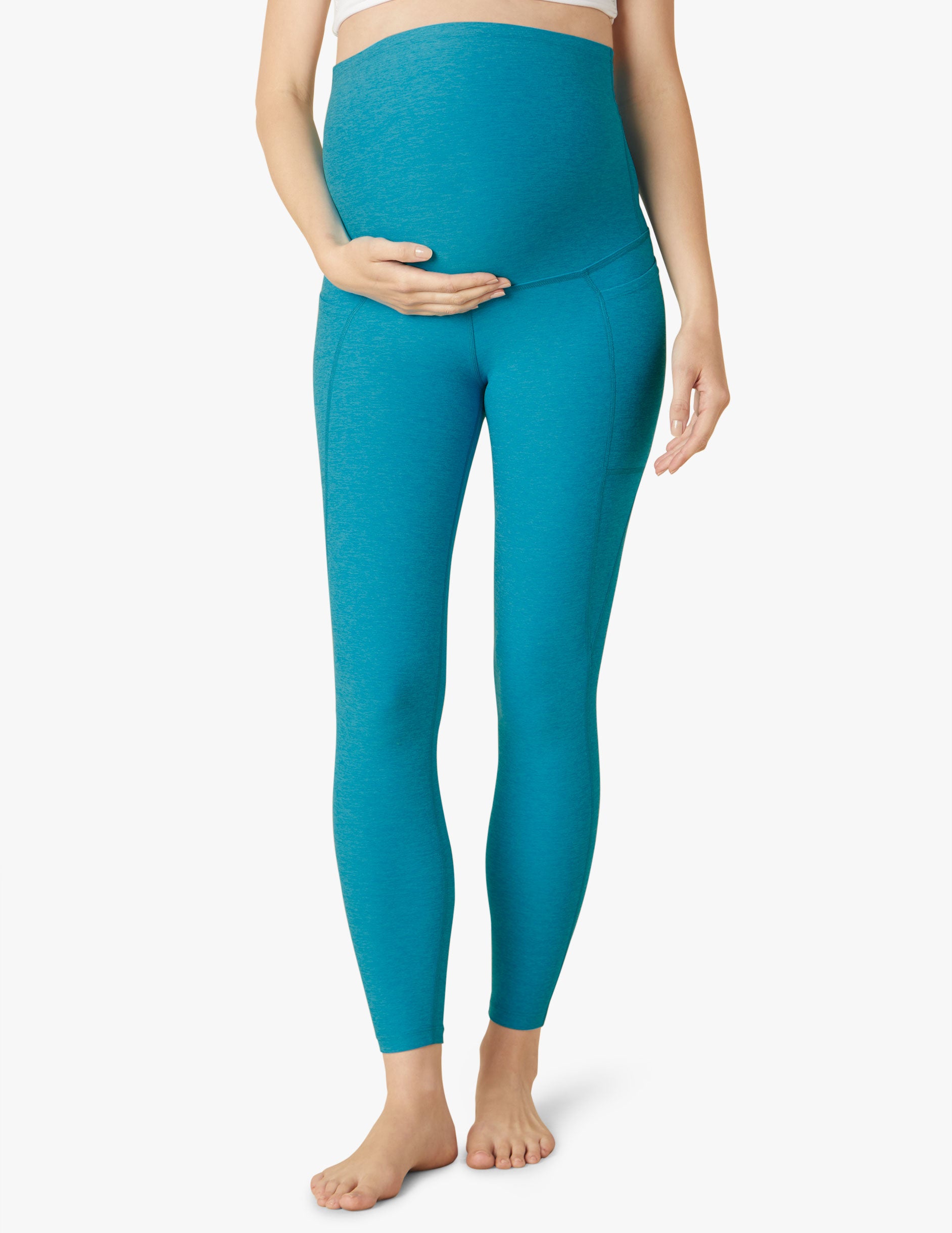 blue maternity midi legging with pocket at sides