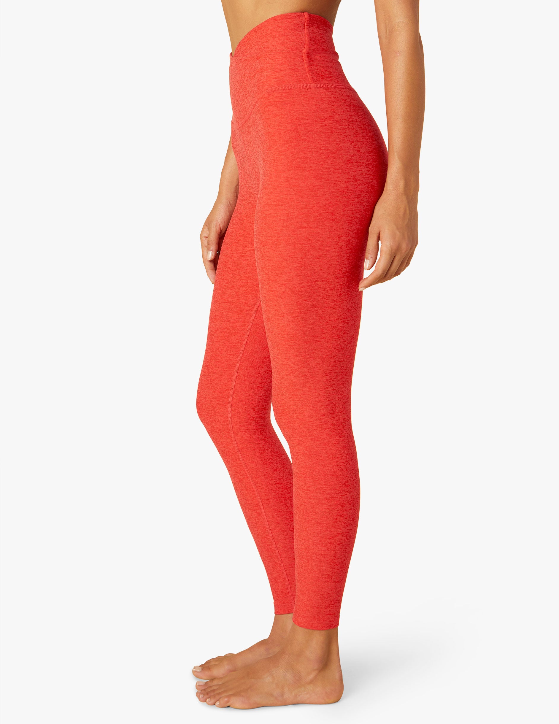 red midi high waisted legging with over lapping detail at waist
