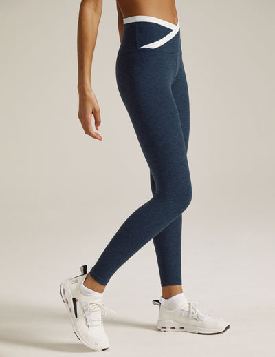 blue and white midi legging with criss cross front
