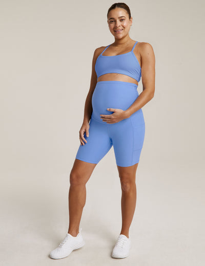 blue maternity biker short with pocket at sides