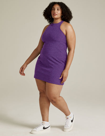 purple plus size dress with cross back detail