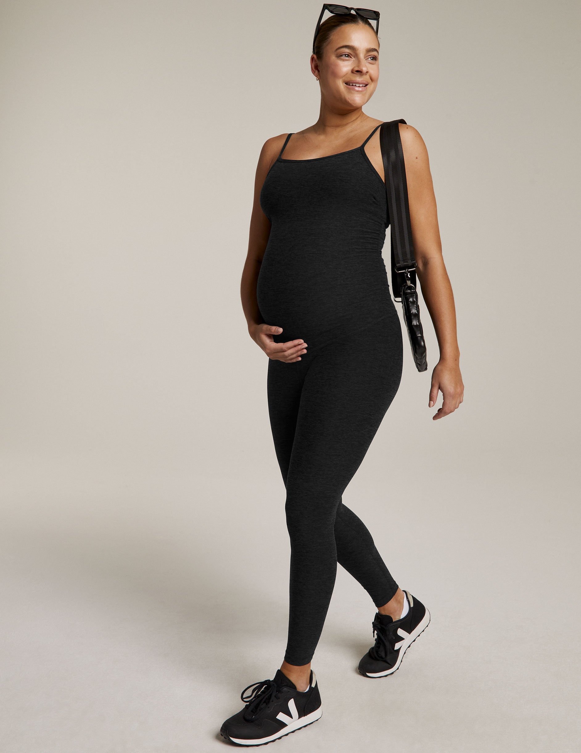 black sleeveless full length maternity jumpsuit