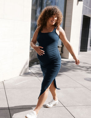 blue maternity sleeveless maxi square neck dress 