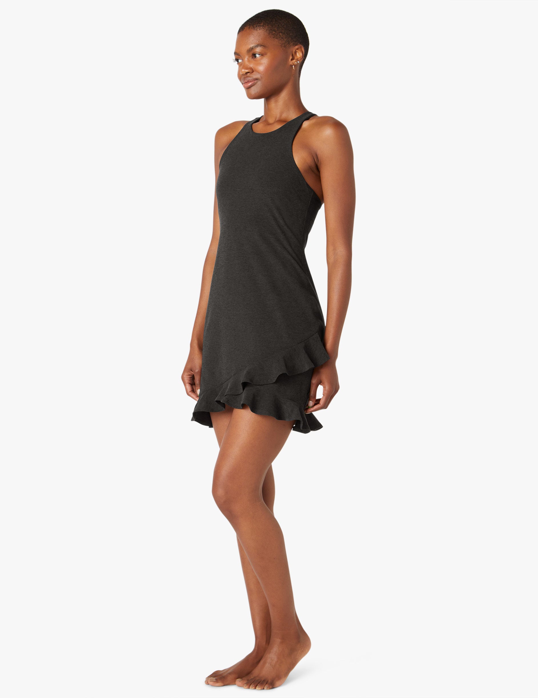black mini sleeveless dress with ruffles
