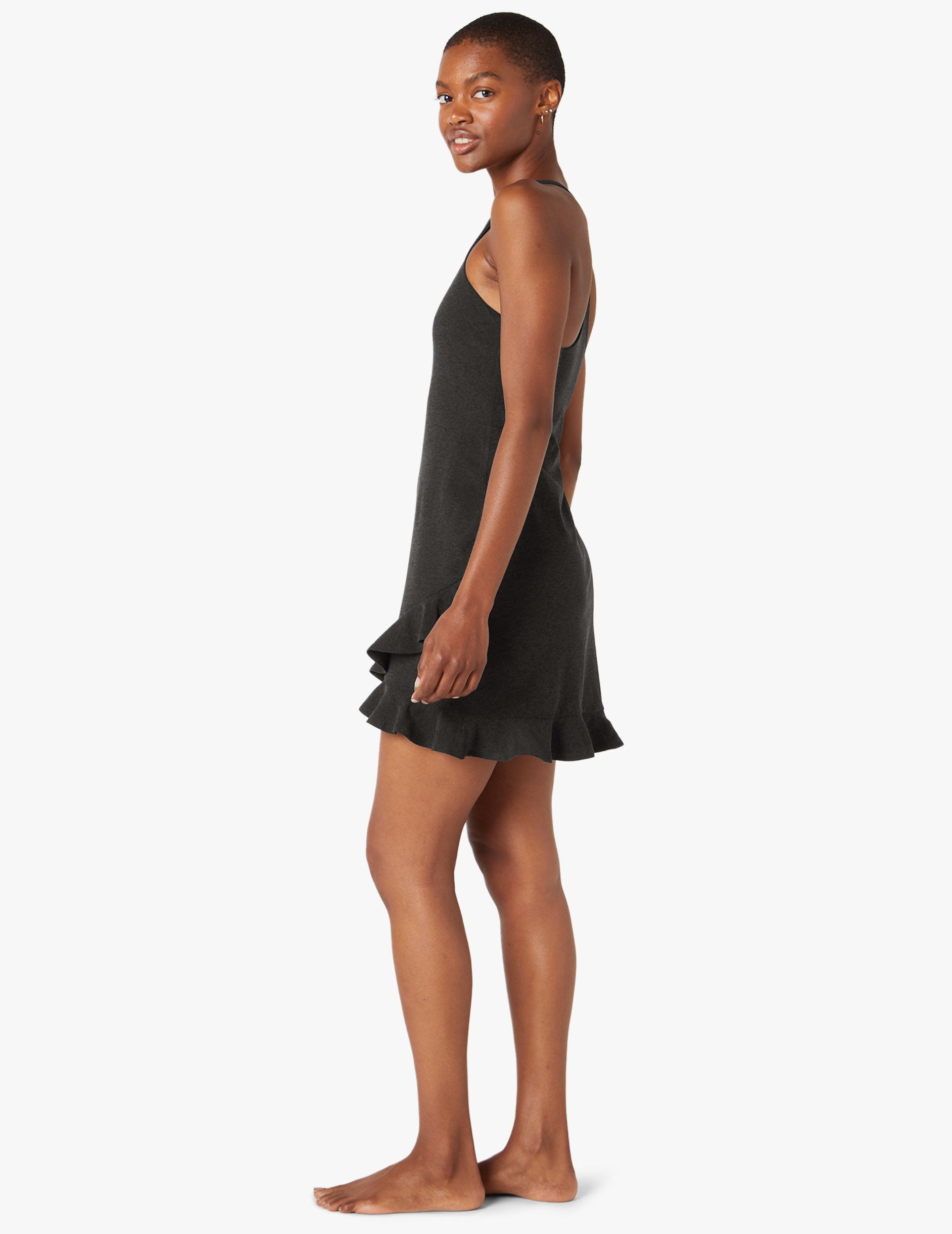 black mini sleeveless dress with ruffles